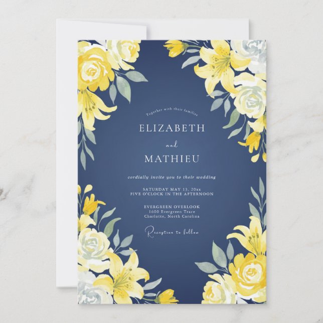 Invitation Mariage au Lys Jaune Navy (Devant)