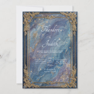 Invitation Mariage au Marbre Bleu Céleste Baroque avec Or Opu