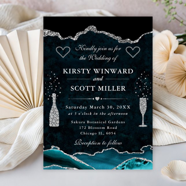 Invitation Mariage au marbre d'agate sarcelle et paillettes d (Créateur téléchargé)