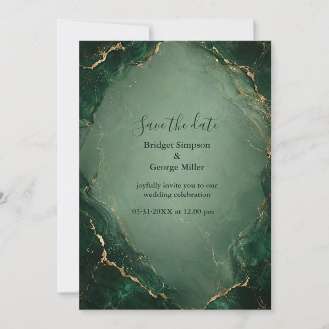Invitation Mariage au marbre émeraude Luxe avec de l'or (Devant)