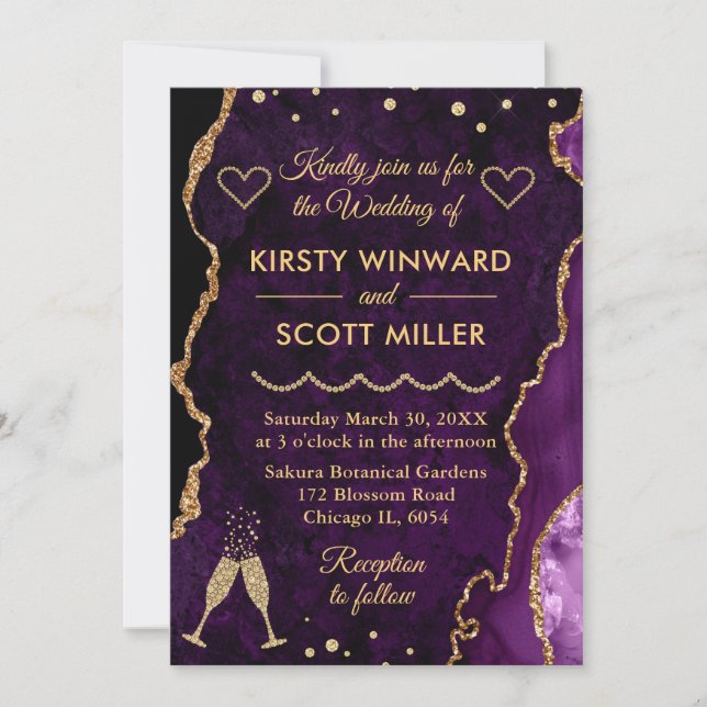 Invitation Mariage au marbre faux agate violet et or pailleté (Devant)