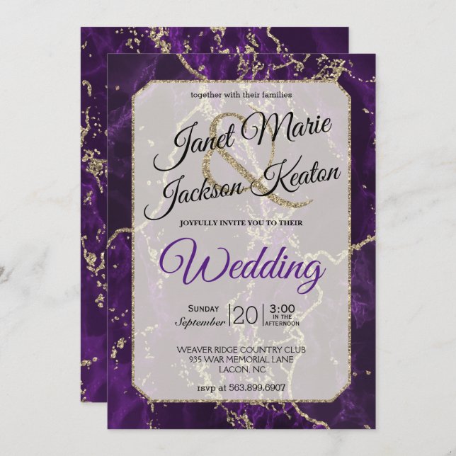 Invitation Mariage au Marbre Pailleté Violet et Or (Devant / Derrière)
