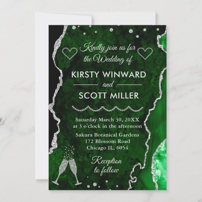 Invitation Mariage au marbre vert et argent faux paillettes d (Devant)