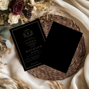 Invitation Mariage au monogramme de blason botanique noir et