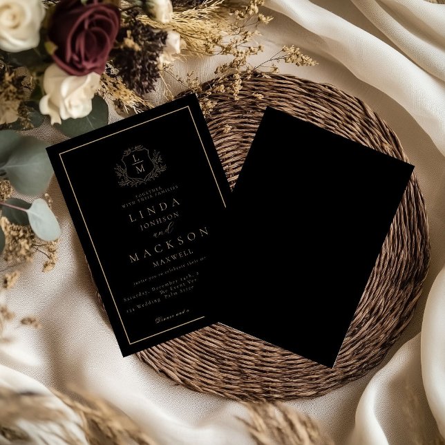 Invitation Mariage au monogramme de blason botanique noir et  (Créateur téléchargé)