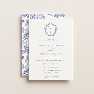 Invitation Mariage au monogramme de crête bleu Régence
