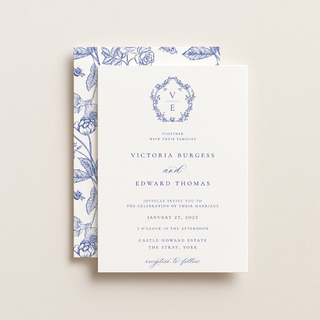 Invitation Mariage au monogramme de crête bleu Régence (Créateur téléchargé)