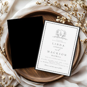Invitation Mariage au monogramme de crête botanique noir et b