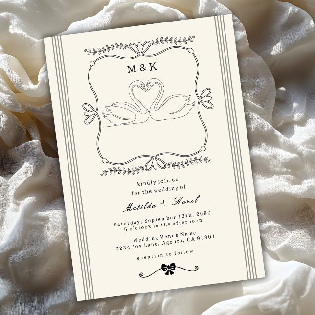 Invitation Mariage au monogramme de cygnes à rayures dessinés (Créateur téléchargé)