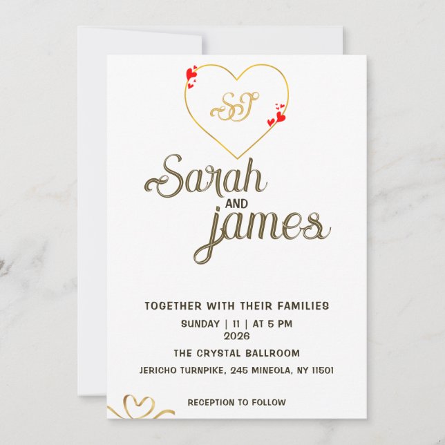 Invitation Mariage au monogramme doré et coeurs rouges romant (Devant)