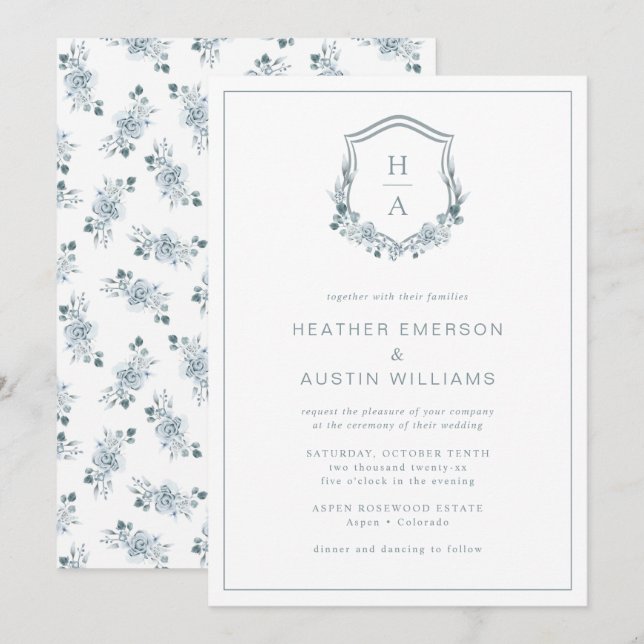 Invitation Mariage au monogramme floral bleu (Devant / Derrière)