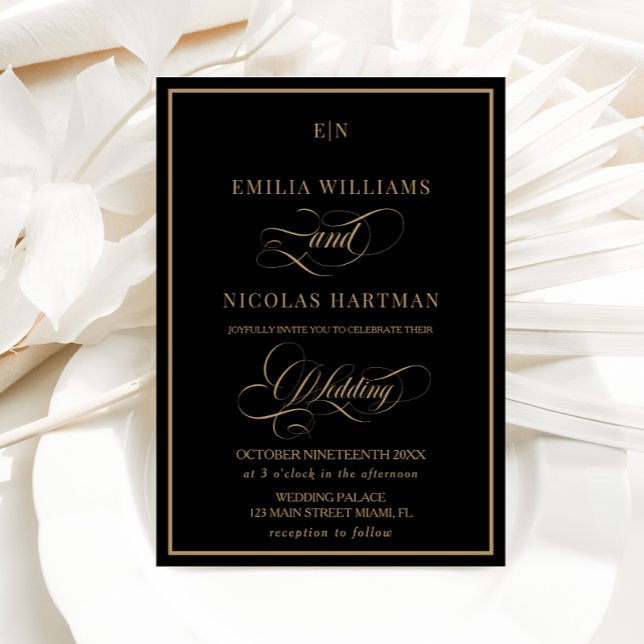 Invitation Mariage au Monogramme Noir et Or (Créateur téléchargé)