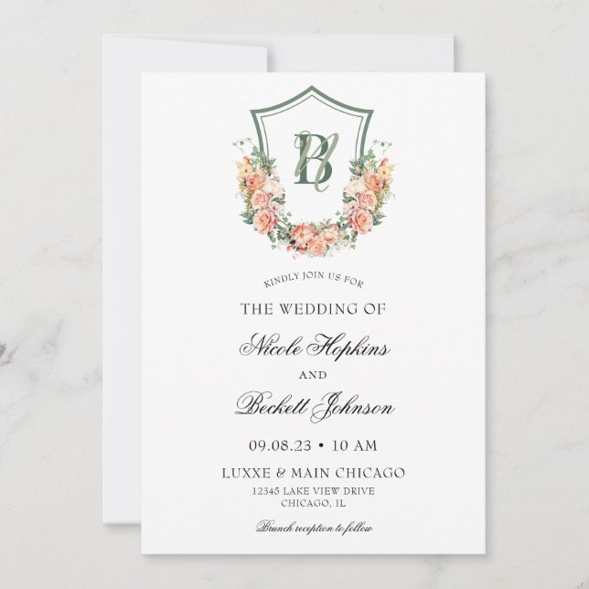 Invitation Mariage au motif floral de pêche (Devant)