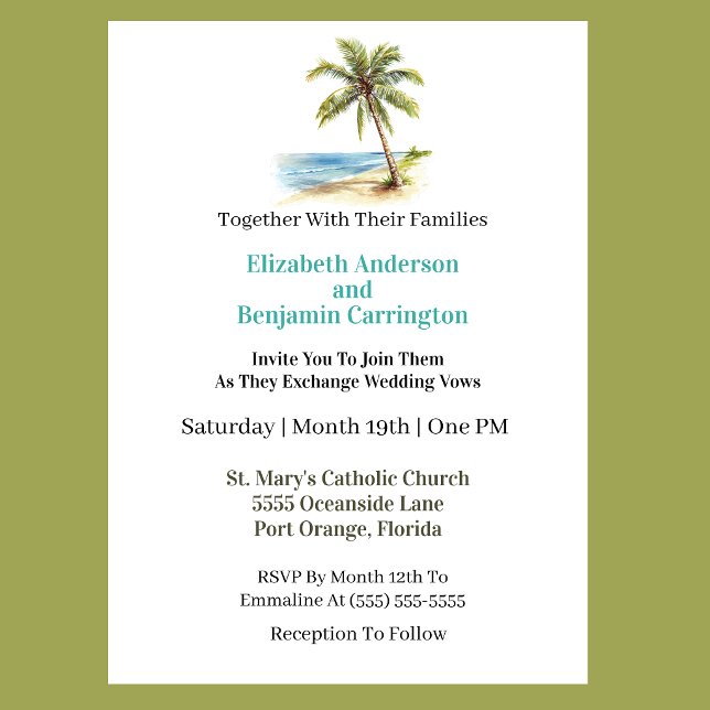 Invitation Mariage au Palmier de la Plage (Tropical beach wedding invitation featuring a watercolor palm tree, ocean shoreline, elegant teal ty)