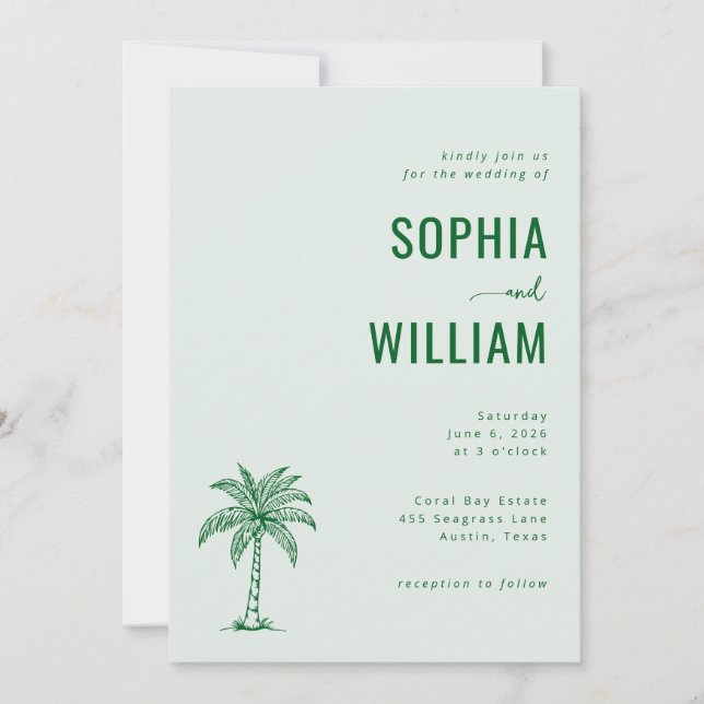 Invitation Mariage au Palmier Menthe Serein (Devant)