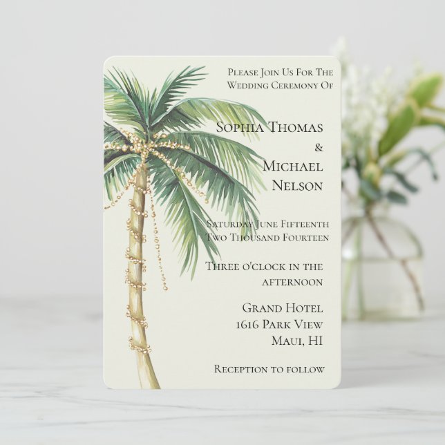 Invitation Mariage au palmier vert or tropical (Debout devant)