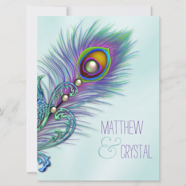 Invitation Mariage au paon bleu sarcelle et violet (Devant)