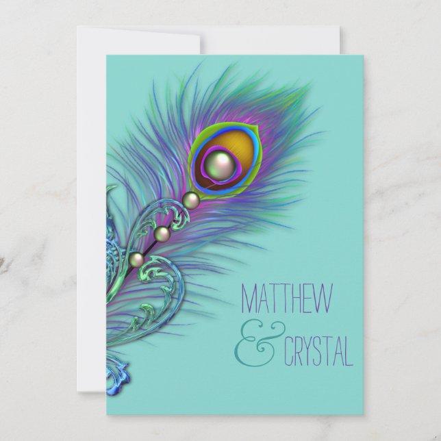 Invitation Mariage au paon bleu sarcelle et violet (Devant)