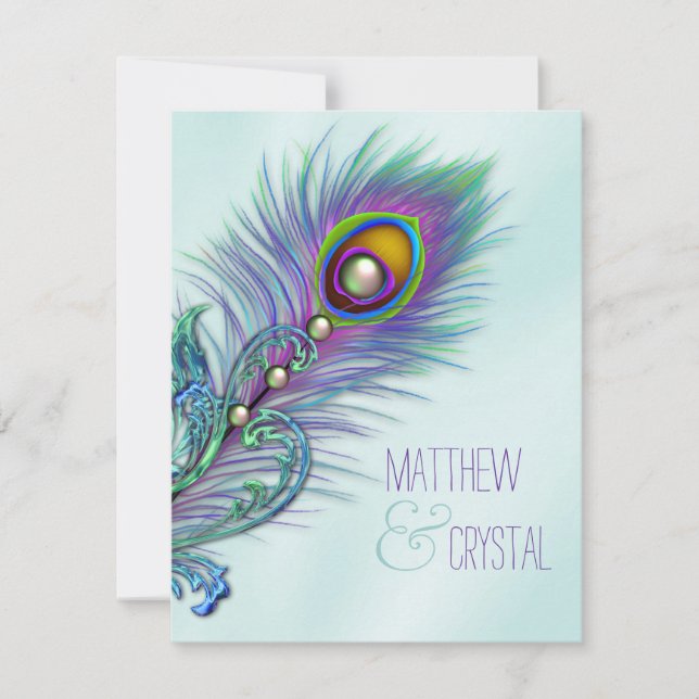 Invitation Mariage au paon bleu sarcelle et violet (Devant)