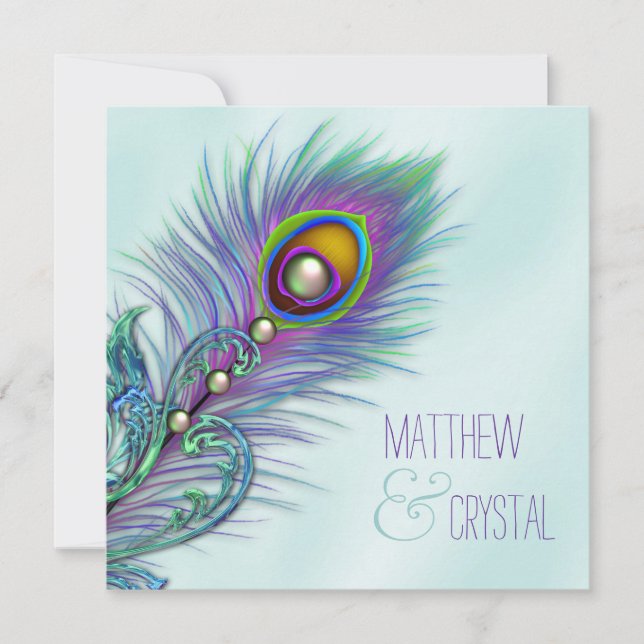 Invitation Mariage au paon bleu sarcelle et violet (Devant)