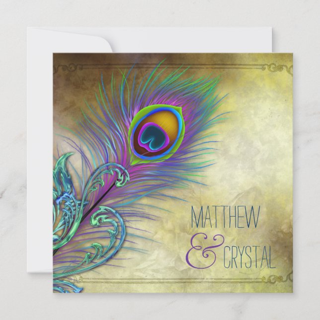 Invitation Mariage au Paon Vintage (Devant)