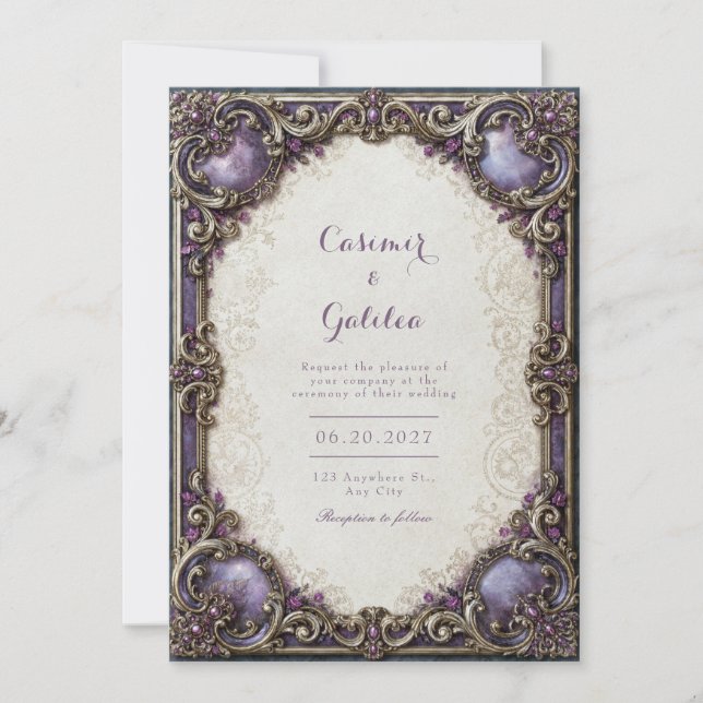 Invitation Mariage au Papier Améthyste Doré à Rinceaux (Devant)