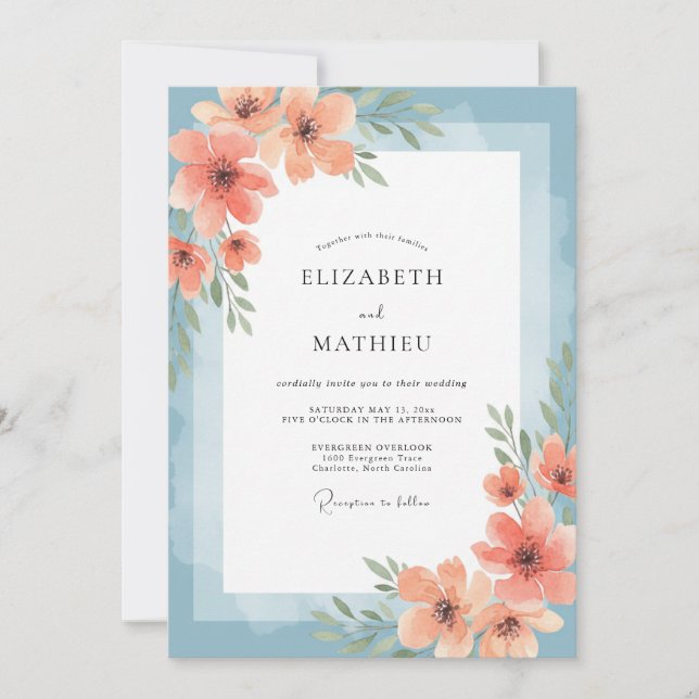 Invitation Mariage au pavot corail ciel (Devant)