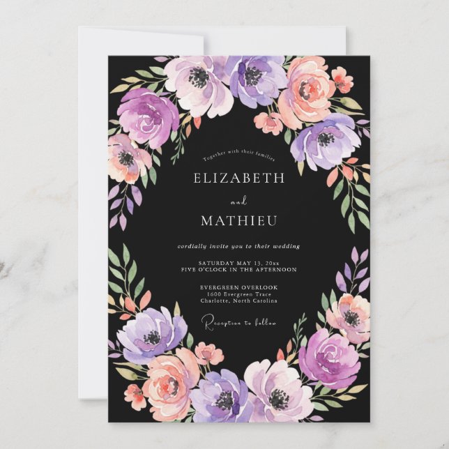 Invitation Mariage au pavot lavande noir (Devant)