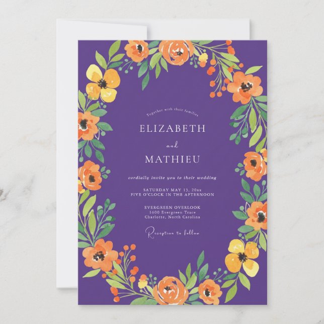 Invitation Mariage au pavot orange violet botanique (Devant)