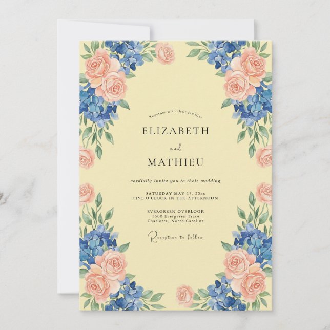Invitation Mariage au Peach Azure Hydrangea Eucalyptus (Devant)