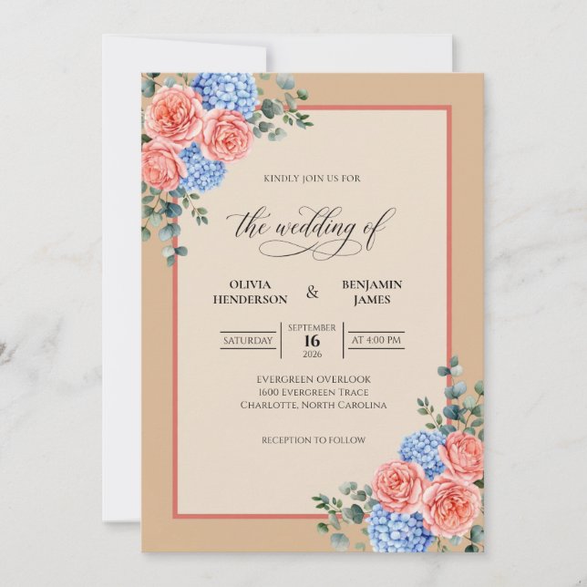 Invitation Mariage au Peach Periwinkle Hydrangea Eucalyptus (Devant)