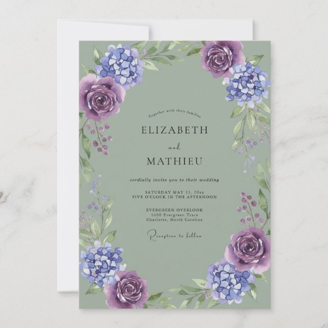Invitation Mariage au Periwinkle Améthyste Hortensia Eucalypt (Devant)