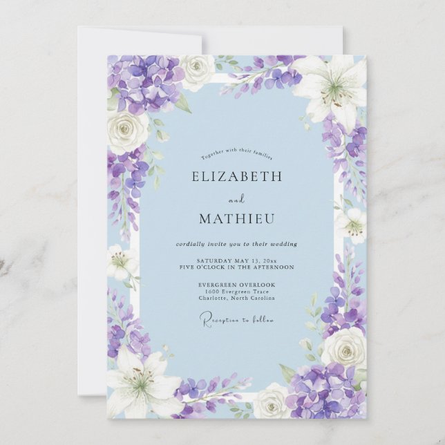 Invitation Mariage au Periwinkle Fleur d'Hydrangea Eucalyptus (Devant)