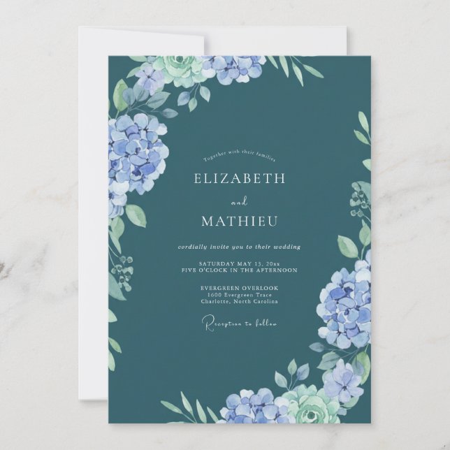 Invitation Mariage au Periwinkle Slate Hydrangea Eucalyptus (Devant)