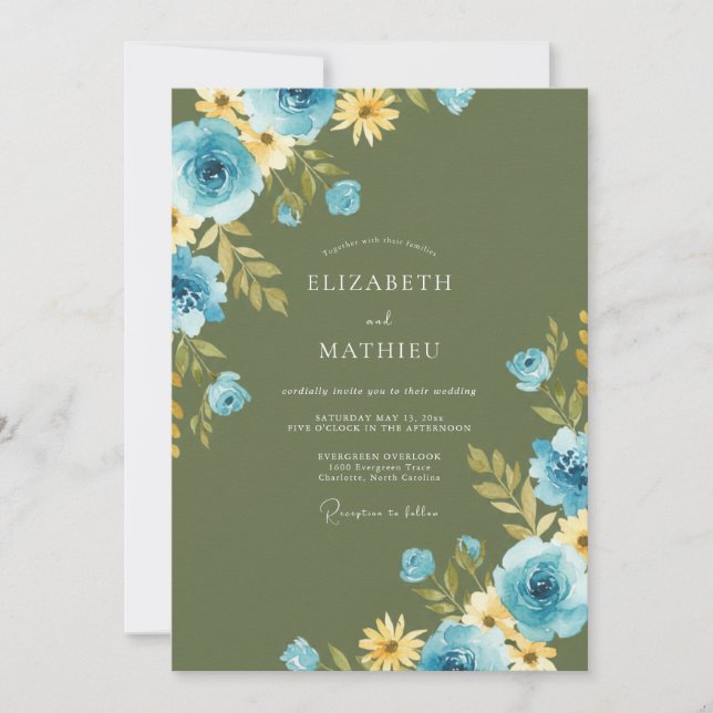 Invitation Mariage au pétale de bleuet olivâtre (Devant)