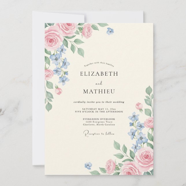 Invitation Mariage au pétale de blush bleuet (Devant)