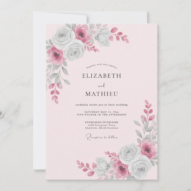 Invitation Mariage au pétale de framboise argenté (Devant)