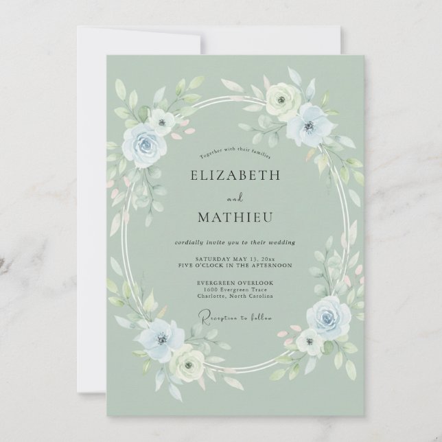 Invitation Mariage au pétale de glace sauge (Devant)