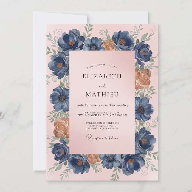 Invitation Mariage au pétale de pêche bleu acier (Devant)