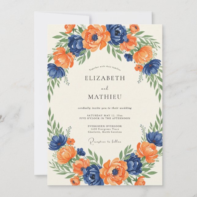 Invitation Mariage au pétale de tangerine cobalt (Devant)