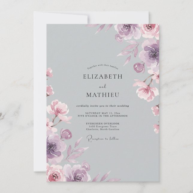 Invitation Mariage au pétale de violette argentée (Devant)