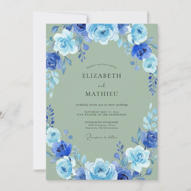 Invitation Mariage au pétale d'olive cobalt (Devant)