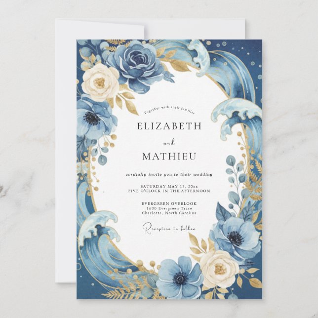 Invitation Mariage au pétale d'or cobalt (Devant)