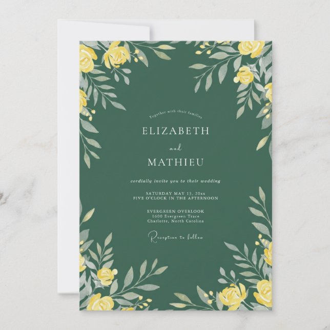 Invitation Mariage au pétale doré émeraude (Devant)
