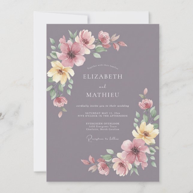 Invitation Mariage au pétale jaune mauve (Devant)