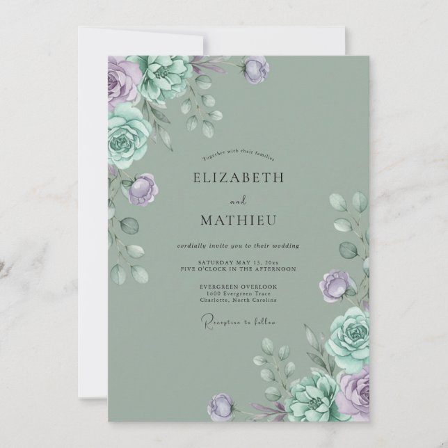 Invitation Mariage au pétale mauve céladon (Devant)