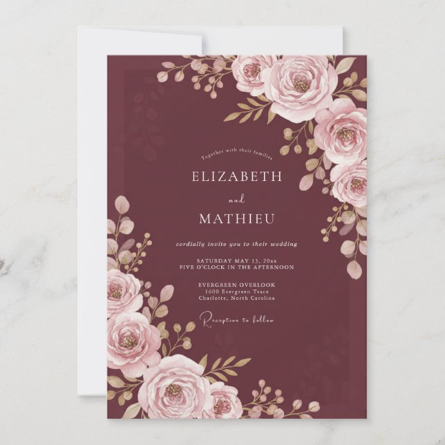 Invitation Mariage au pétale rose bordeaux (Devant)