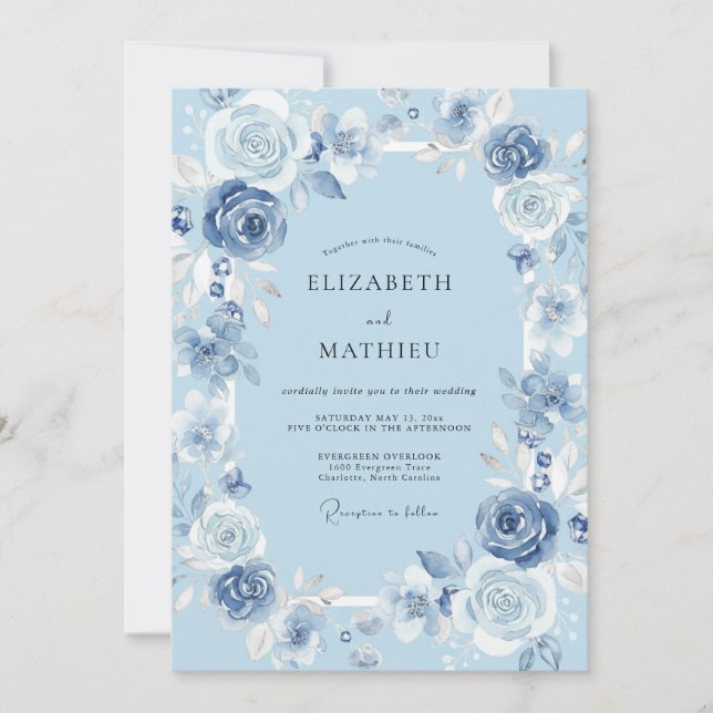 Invitation Mariage au Pétales d'Azur Poudré (Devant)