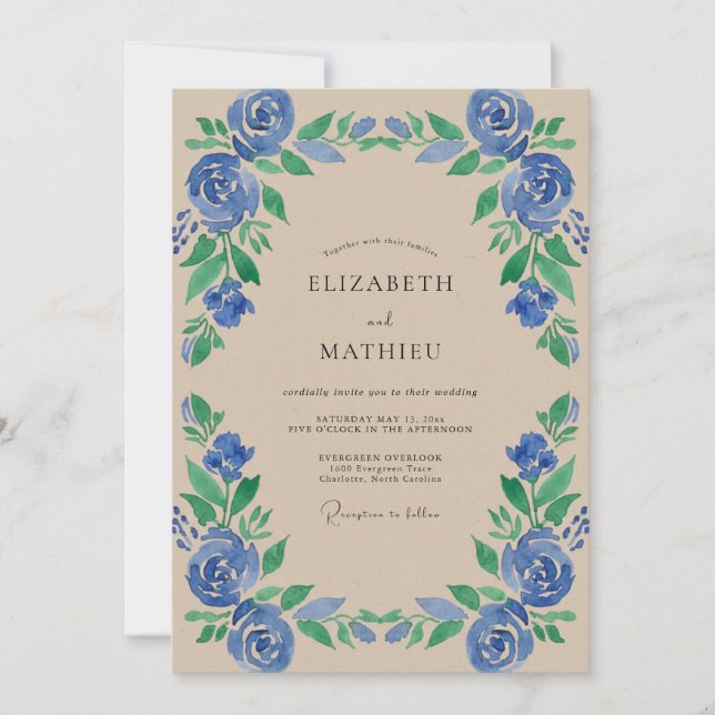 Invitation Mariage au Pétales de Cobalt Azur (Devant)