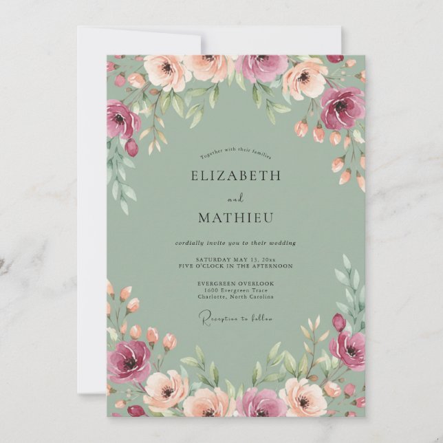 Invitation Mariage au Pétales de Pêche Céladon (Devant)